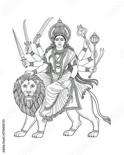 Intricate vector line art illustration of goddess durga riding a majestic lion powerful deity icon scalable eps silhouette vector illustration white background