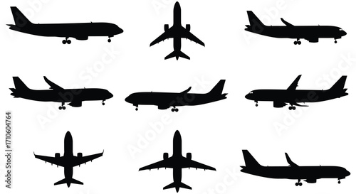 Silhouettes of various passenger airplanes against a plain white background