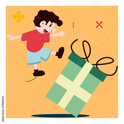 Kids And Big Box Gift Play Merry Christmas Illustration