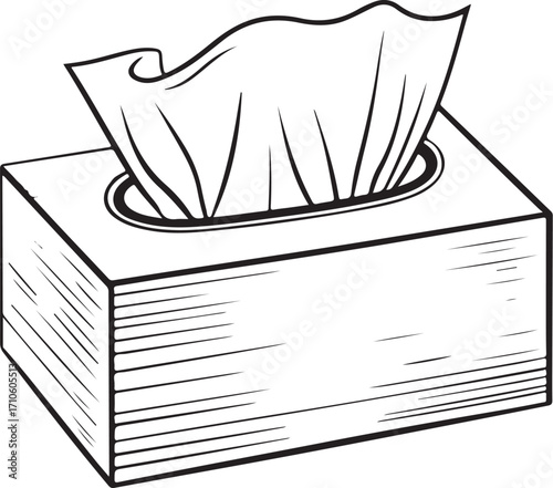 Box of Paper Tissues for Crying of Sick with Cold Vector Illustration, Sketch Drawing Line Linear Symbol Icon Engraving Coloring Book, Hand-drawn Doodle Black and White Isolated