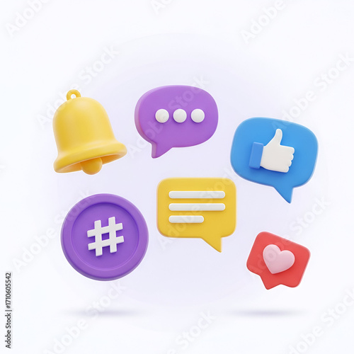 Collection of social media icons including a bell, chat bubbles, like button, hashtag, and heart isolated on white background