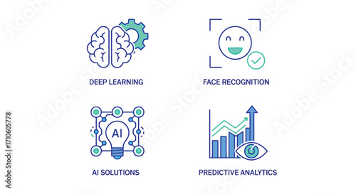 Vector illustration of collection of artificial intelligence icons, showcasing deep learning, face recognition, ai solutions, and predictive analytics for technology concepts