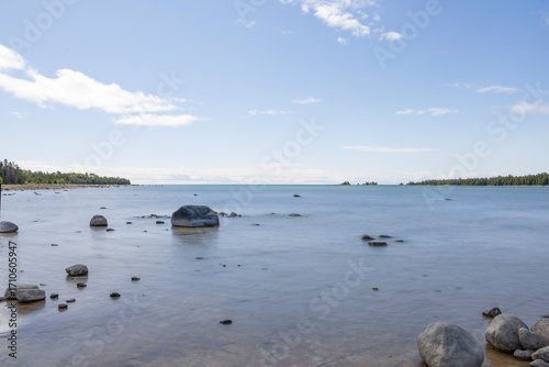 The pristine waters and serene shoreline of Misery Bay Provincial Park highlight the tranquil beauty of Manitoulin Island, Ontario.