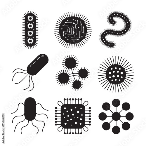 Collection of diverse stylized black and white microscopic organism and virus illustrations in a grid layout on a white background