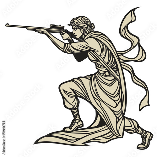 Vector art of a female sniper in a flowing robe takes aim with her rifle, her focused gaze fixed on the target, the wind catches her robe, adding a sense of motion