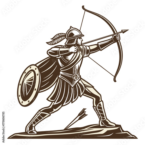 Vector art of a formidable warrior stands poised, bow drawn, arrow aimed, ready to strike with precision and power, embodying strength, skill, and unwavering determination