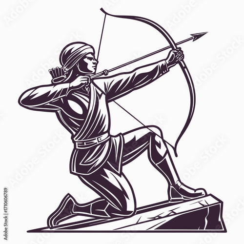 Vector art of an archer in a turban kneels on a rock, drawing back his bow with determination, the arrow is aimed, ready to be released with precision and force