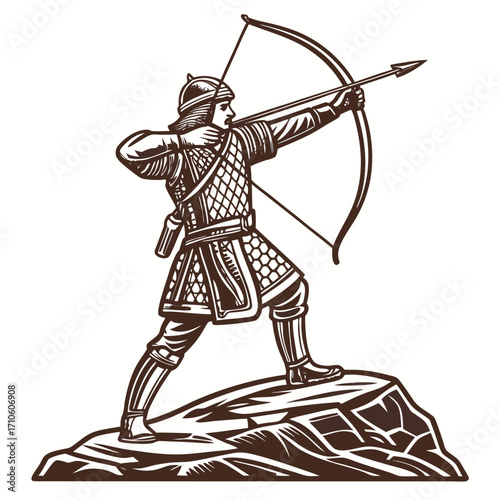 Vector art of vintage archer with bow and arrow, a symbol of ancient warfare and hunting, embodying the spirit of skill and precision with a touch of historical adventure