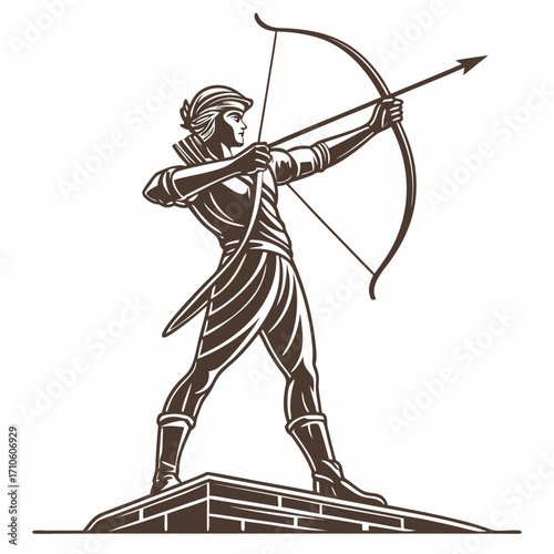 Illustration of a determined archer standing tall, drawing his bow and aiming with precision, a symbol of focus, skill, and unwavering resolve