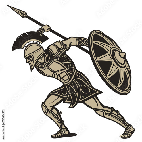 Vector art of a formidable spartan warrior charges into battle, spear raised and shield braced, his helmet adorned with a plume, a symbol of courage and strength