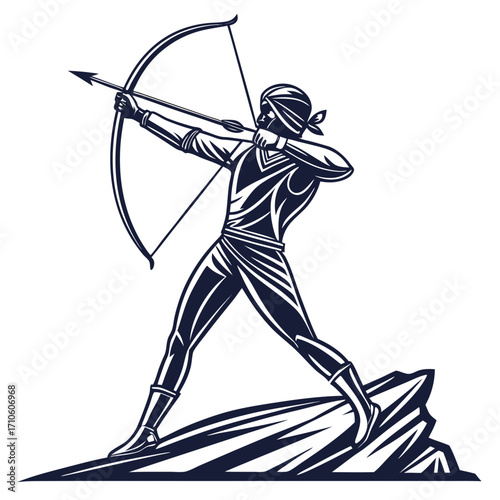 Illustration of a skilled archer standing on a rock, drawing back his bow with focus and determination, a symbol of precision, strength, and ancient tradition
