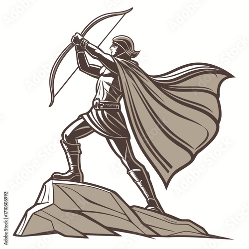 Vector art of a heroic archer stands poised atop a rocky precipice, bow drawn and ready to strike, his cape billowing dramatically in the wind, a symbol of courage and skill