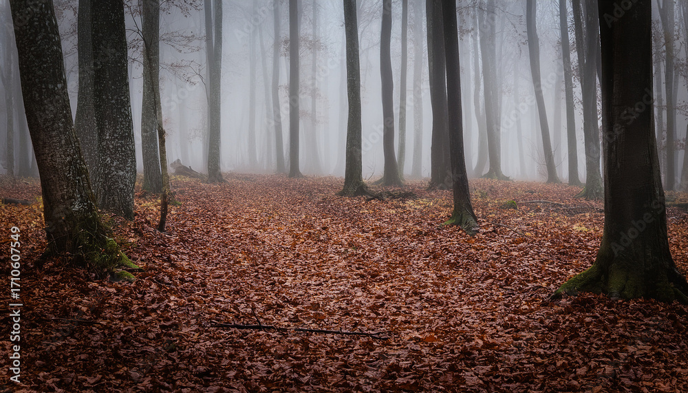 Obraz premium Mysterious Misty Forest With Damp Decayed Leaves On Ground And Foggy Atmosphere