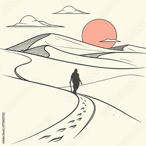 Vector art of a lone figure walks along a winding path through the desert, with sand dunes rising in the background and a warm sun setting on the horizon, creating a sense of solitude and adventure