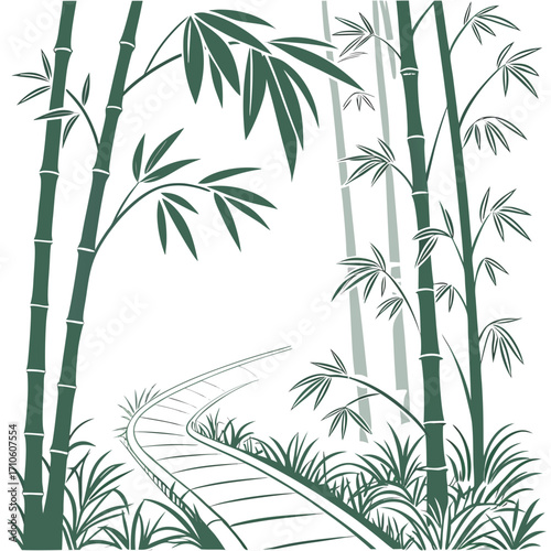 Vector art of a green illustration of a winding railway track through a bamboo forest, the scene captures the essence of a journey through nature