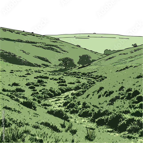Vector art of a serene green valley landscape with rolling hills, lush vegetation, and a winding stream, creating a peaceful and idyllic scene of natures beauty