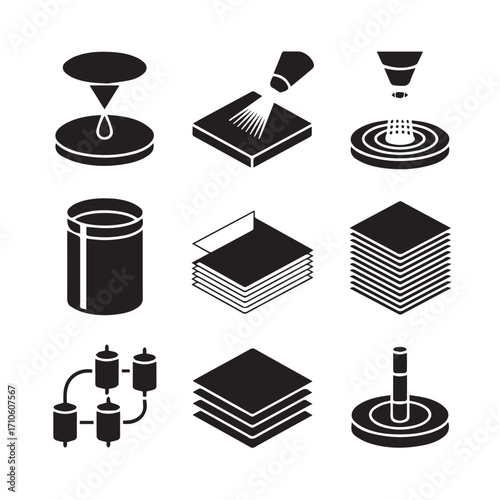 Collection of isometric black and white vector icons representing coffee brewing and filtration processes and equipment