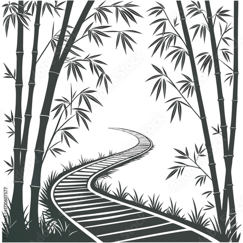 Vector art of a black and white illustration of a winding railway track through a bamboo forest, the scene captures the essence of a journey through nature