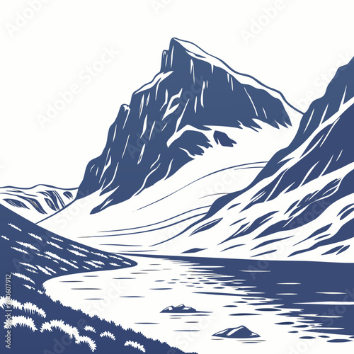 Vector art of majestic mountain range reflected in a serene lake, with snowcapped peaks piercing the sky, a tranquil scene of natures grandeur, a minimalist vector art style