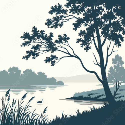 Vector art of a serene landscape illustration depicts a tranquil lake scene with a silhouette of a tree, reeds, and a duck swimming peacefully, creating a calming natural environment