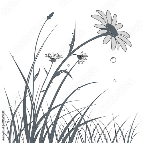 Illustration of a flower meadow with daisies and grass, with water drops on the leaves, the image is in black and white, with a simple and elegant design