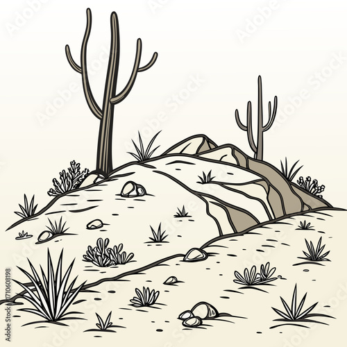 Vector art of a captivating illustration showcases a desert landscape with towering cacti, rocky outcrops, and sparse vegetation, evoking the arid beauty and resilience of the desert ecosystem