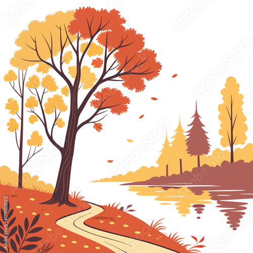 Vector art of a picturesque autumn landscape featuring a winding path leading towards a serene lake, framed by trees adorned with vibrant orange and yellow foliage