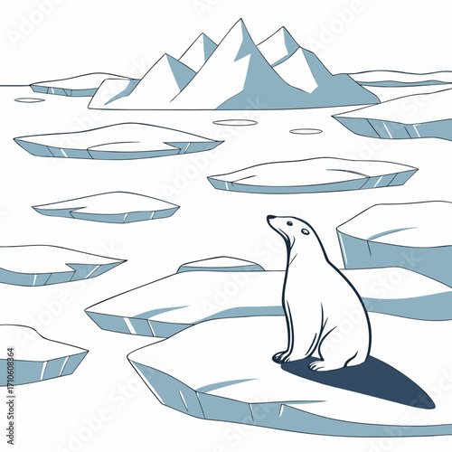 Vector art of a minimalist vector illustration of a polar bear sitting on an ice floe in the arctic, surrounded by icebergs and mountains, , conveying climate change