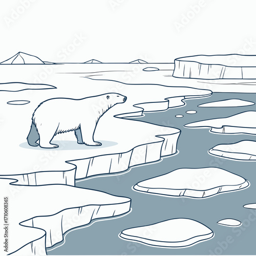 Vector art of a vector illustration of a polar bear standing on an ice floe in the arctic, surrounded by icy water and icebergs, , depicting the effects of global warming