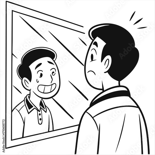 Cartoon stick drawing conceptual illustration of man sad depressed man looking at himself in the mirror.