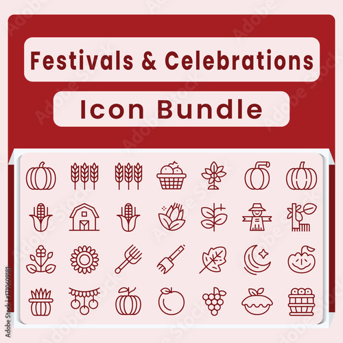 Autumn harvest and fall festival icon bundle with pumpkins corn wheat and scarecrow celebration