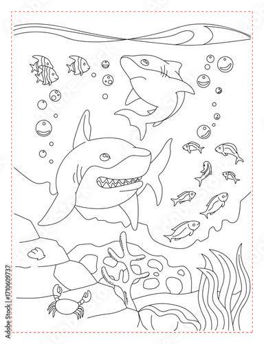 Great White Shark Hunting Coloring Page: An Intense Ocean Scene