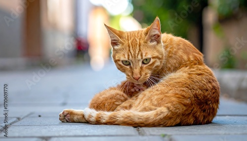 Fototapeta Naklejka Na Ścianę i Meble -  Ginger cat grooming itself on pavement