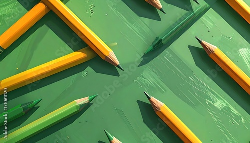 Vivid yellow and green pencils arranged in an artistic pattern on a textured, vibrant green surface.