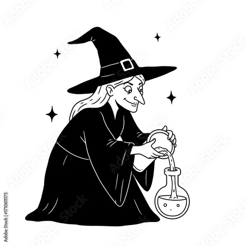Witch Holding Potion Bottle – Magical Spooky Halloween Illustration
