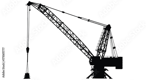 Silhouette of a large industrial tower crane against a white background