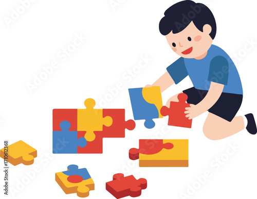 A boy is kneeling and playing with colorful jigsaw puzzle pieces.