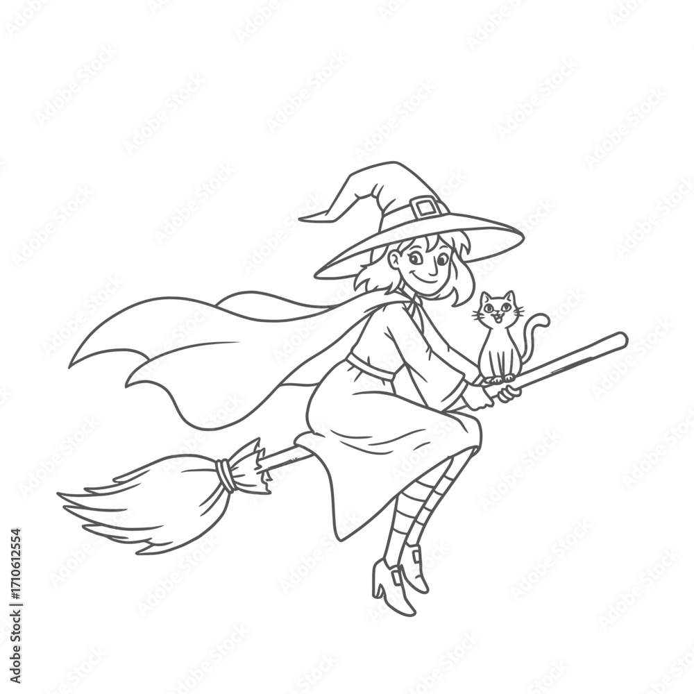 Fototapeta premium Witch Flying on Broomstick – Classic Magical Halloween Cartoon Illustration for Party Decorations