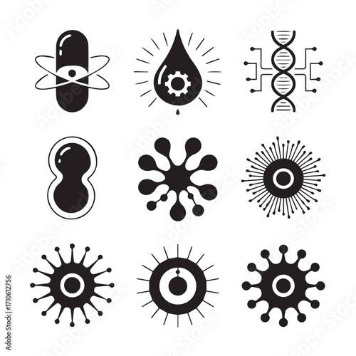 Collection of nine black and white science and medical icons representing biology medicine and research concepts in a grid layout