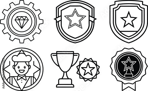 Goal tracking milestone icon set, editable stroke, mission achievement target success medal reward celebration trophy UI pack, business planning icons vector illustration.
