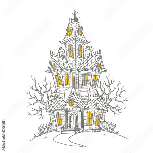Haunted castle spooky Halloween night illustration for creepy coloring page and ghostly festive haunted house designs