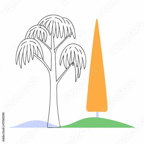 Vector art of stylized palmlike tree and orange conical tree on green ground