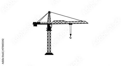 Simple black and white illustration of a tower crane construction machine