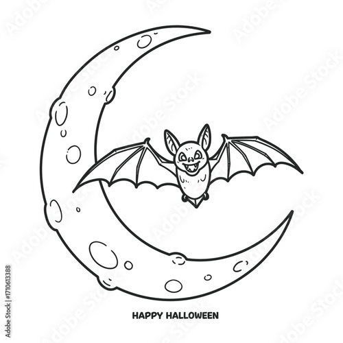 Bat flying around crescent moon spooky Halloween illustration for creepy coloring page and haunted night designs