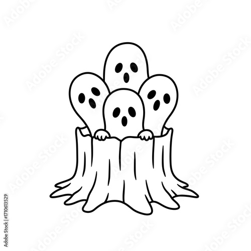 Creepy ghost family tree stump Halloween illustration for haunted coloring page and spooky horror night designs