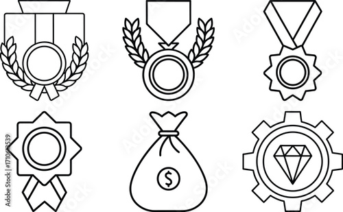 Goal tracking milestone icon set, editable stroke, mission achievement target success medal reward celebration trophy UI pack, business planning icons vector illustration.
