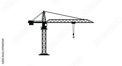 Black silhouette of a tower crane against a plain white background
