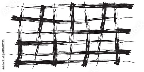 Hand-Drawn Black Grid Pattern with Rough Brushstrokes on White Background.