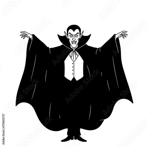Dracula vampire spreading cape spooky Halloween horror illustration for creepy night coloring page decorations