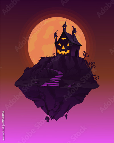 Vector illustration of flying spooky house on top of the hill and big bright moon as background